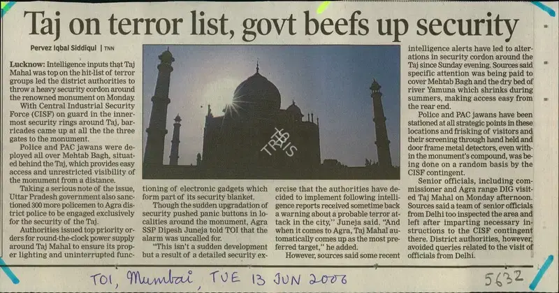 Pervez Iqbal Siddiqui (Reporter), Taj On Terror List, Govt Beefs Up Security, 2006, Newspaper Clipping