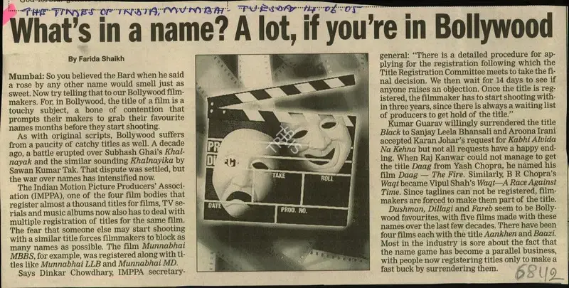 Farida Shaikh (Reporter), What in a Name? A lot, if you're in Bollywood, 2005, Newspaper Clipping