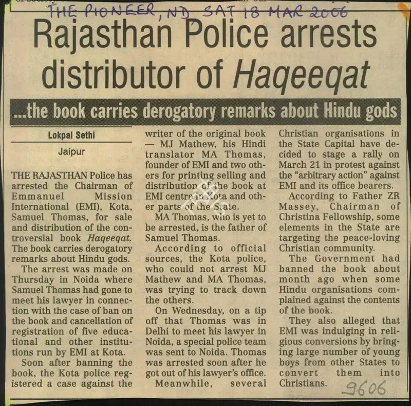 Lokpal Sethi (Reporter), Rajasthan Police Arrests Distributor of Hqeeqat, 2006, Newspaper Clipping