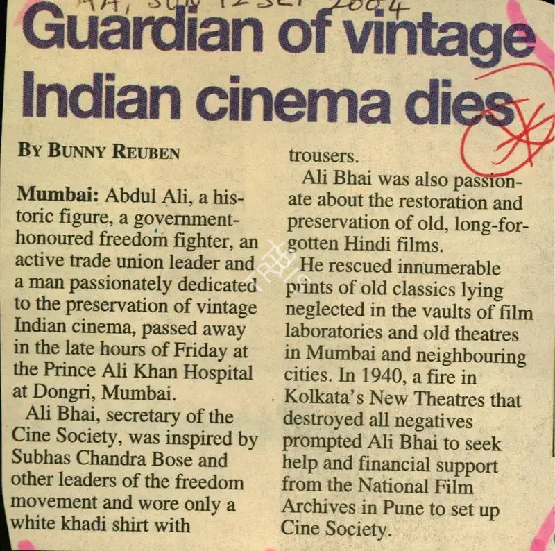 Bunny Reuben (Writer), Guardian Of Vintage Indian Cinema Dies, 2004, Newspaper Clipping