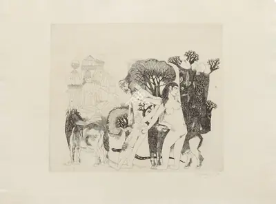 K. Laxma Goud (Artist), Untitled (Nizampur V), 1975, Aquatint