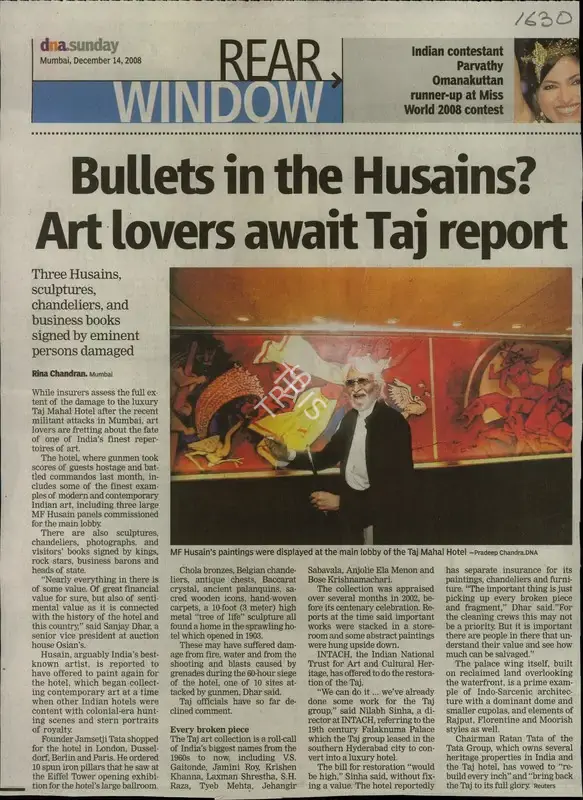 Rina Chandran (Reporter), Bullets in the Husains? Art lovers await Taj report, 2008, Newspaper Clipping