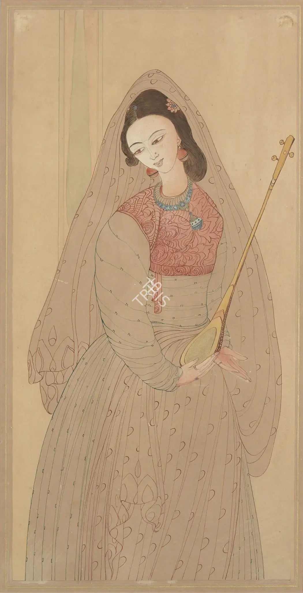 Chughtai, M.A.R. (Artist). Untitled (Girl With Instrument), n.d. | Painting, Bon.Lon/07.06.12, 2012 · Bonhams