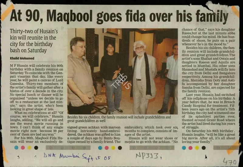 Khalid Mohamed (Reporter), At 90, Maqbool Goes Fida Over His Family, 2005, Newspaper Clipping