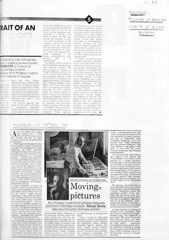 Ramya Sarma (Writer), Moving Pictures, 1993, Newspaper Clipping