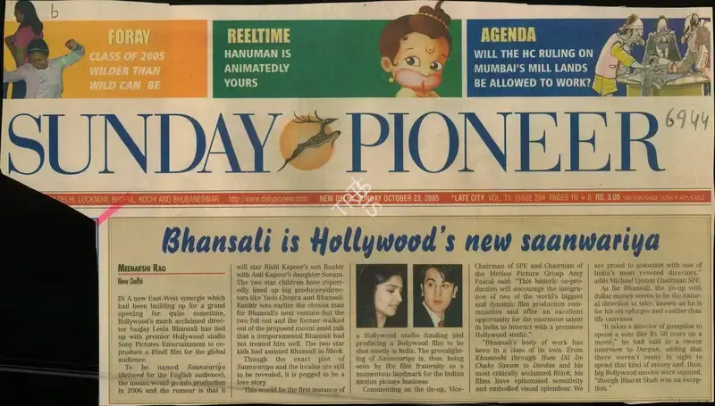Meenakshi Rao (Reporter), Bhansali's Hollywood's new Saanwariya, 2005, Newspaper Clipping
