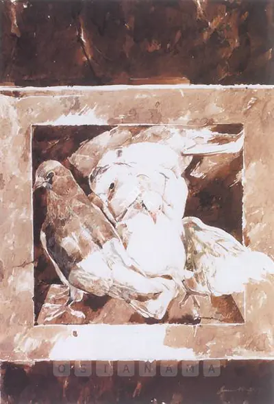 Jamil Naqsh (Artist), Pigeons, Painting