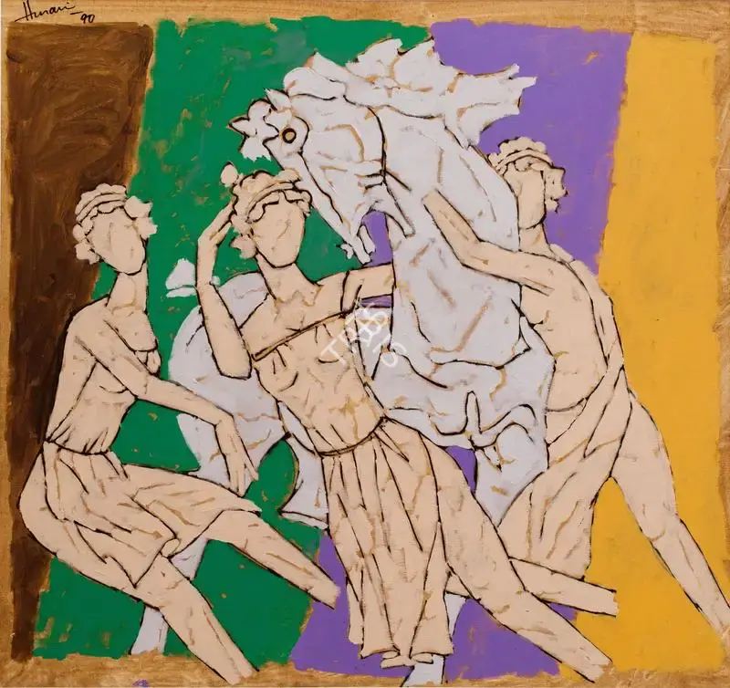 M.F. Husain (Artist), Three Graces with the Husain Horse, 1990, Painting