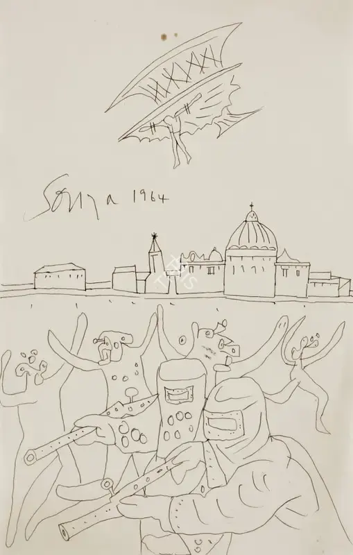 F.N. Souza (Artist), Untitled (Apocalyptic Landscape), 1964, Drawing