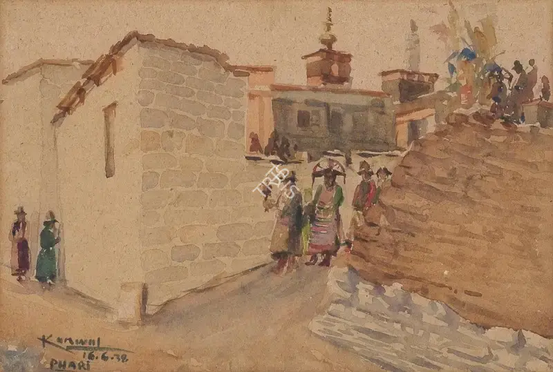 Kanwal Krishna (Artist), A Religious procession in Pagri (Phari), Tibet, 1938, Painting