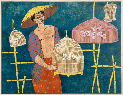 A.A. Almelkar (Artist), The Bird Seller, Painting