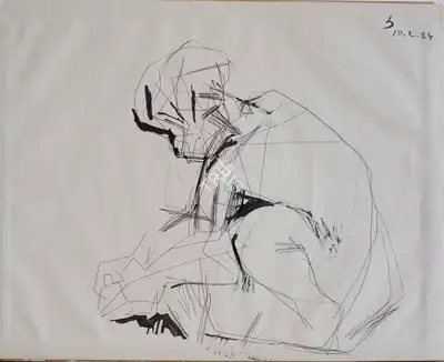 Somnath Hore (Artist), Untitled (Crouched Figure), 1984, Drawing