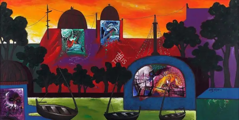 Manu Parekh (Artist), Morning light at Varanasi, 2011, Painting
