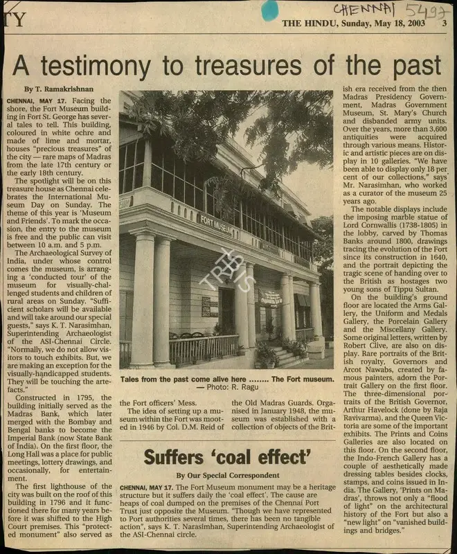 T. Ramakrishnan (Reporter), A Testimony to Treasures of the Past, 2003, Newspaper Clipping