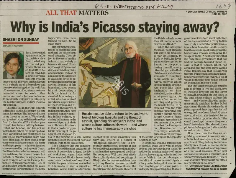 Shashi Tharoor (Reporter), Why is India's Picasso staying away, 2007, Newspaper Clipping