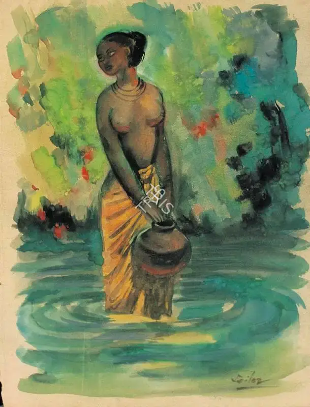 Sailoz Mookherjea (Artist), Woman With Pot, 1951, Painting