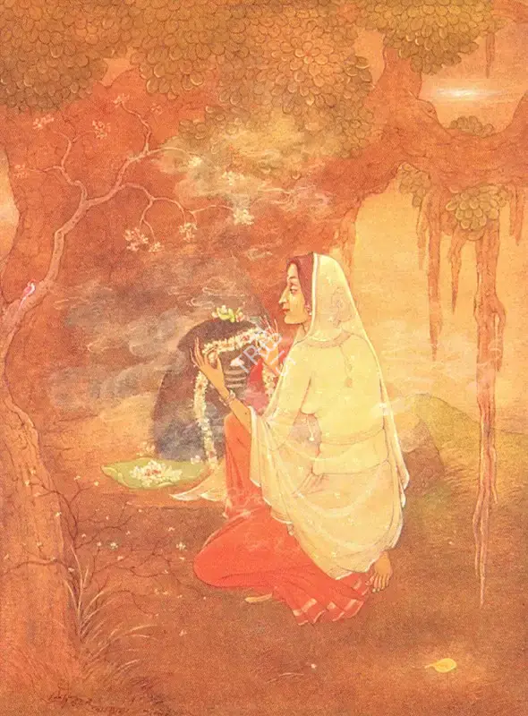 Ratan Acharya (Artist), A Woman Paying Devotions At A Shiva Lingam, Painting