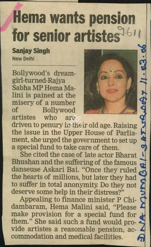 Sanjay Singh (Reporter), Hema Wants Pension For Senior Artistes, 2006, Newspaper Clipping