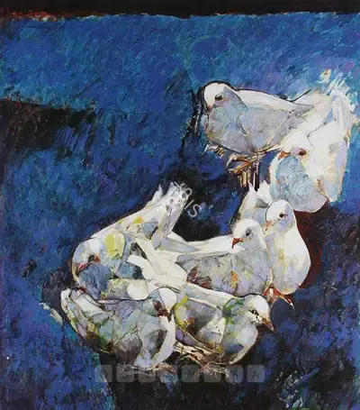 Jamil Naqsh (Artist), Untitled (Seven Doves), 2001, Painting