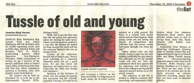 Jasmine Shah Varma (Reporter), Tussle of old and young, 2003, Newspaper Clipping