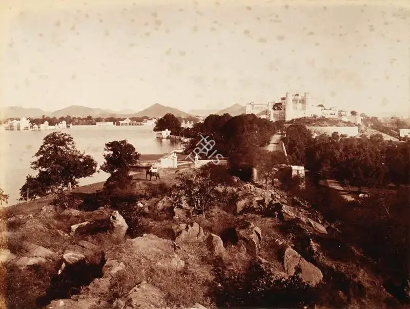 Lala Deen Dayal (Photographer), Lake and palace from south Odeypur, 1890, Antiquarian Photograph