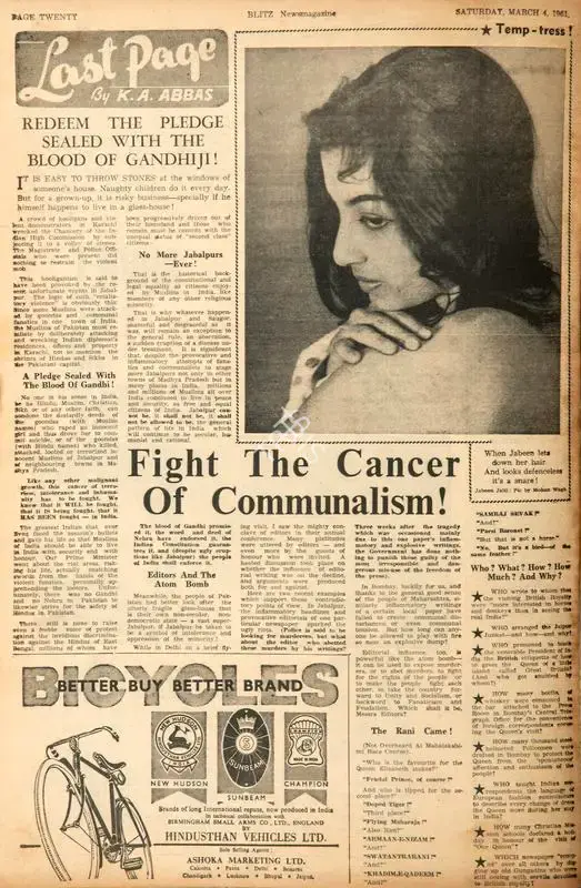 Khwaja Ahmad Abbas (Columnist), Redeem the Pledge Sealed with the Blood of Gandhiji !, 1961, Essay