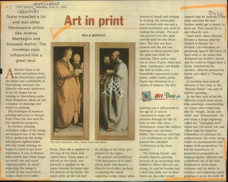 Mala Mahesh (Reporter), Art in Print, 2003, Newspaper Clipping