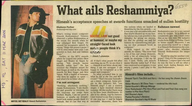 Shaheen Parkar (Reporter), What ails Reshammiya, 2006, Newspaper Clipping