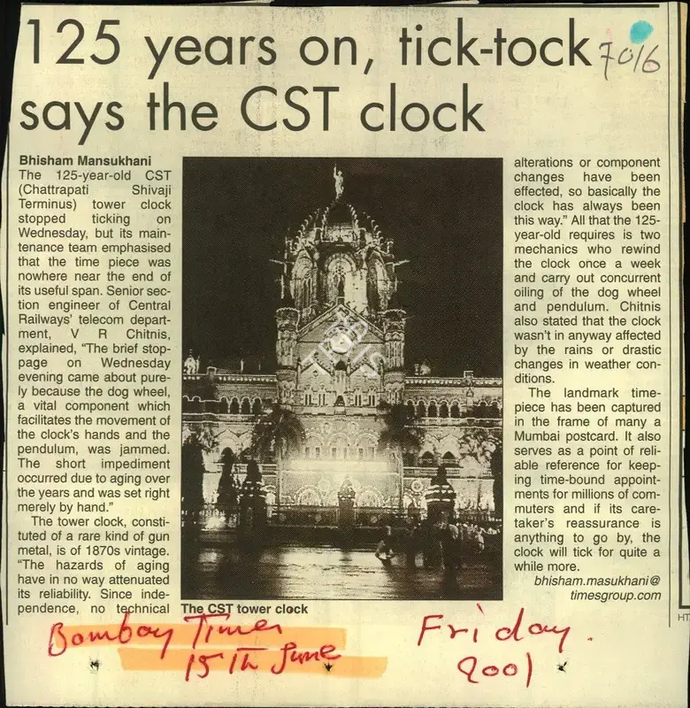 Bhisham Mansukhani (Reporter), 125 years on, tick-tock says the CST clock, 2001, Newspaper Clipping