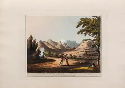 Harraden (Printmaker), Ourry Durgam, the head of the pass into the Barrah Mauhl, 1805, Aquatint