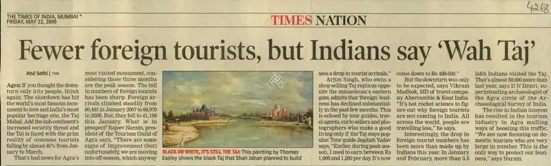 Atul Sethi (Reporter), Fewer Foreign Tourists, but Indians say 'Wah Taj', 2009, Newspaper Clipping