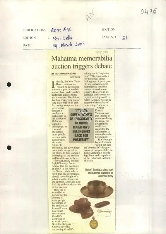 Priyanka Bhadani (Reporter), Mahatma Memorabilia Auction Triggers Debate, 2009, Newspaper Clipping