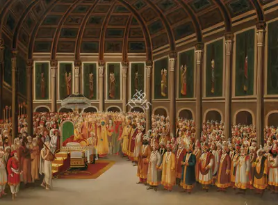 Early Bengal School (Artist), Untitled (Court Scene with Shiva, Brahma and Krishna), 1890, Painting