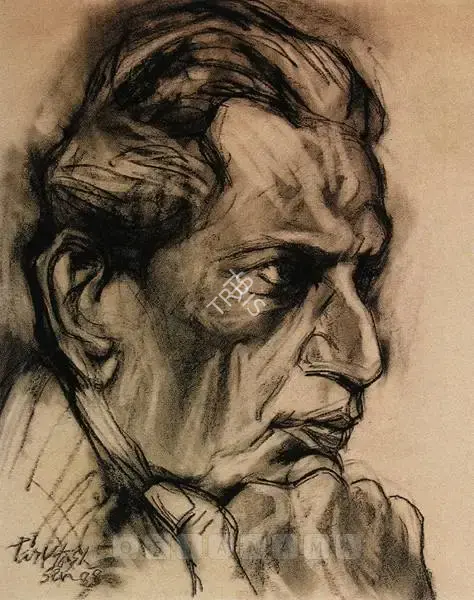Paritosh Sen (Artist), Portrait Of Satyajit Ray, 1988, Drawing