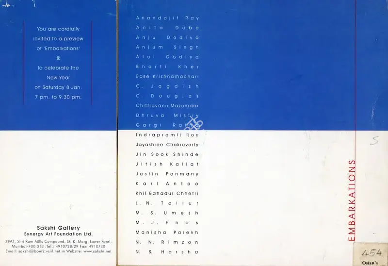 Yashodhara Dalmia (Curator), Embarkations, 2000, Group Exhibition Invitation