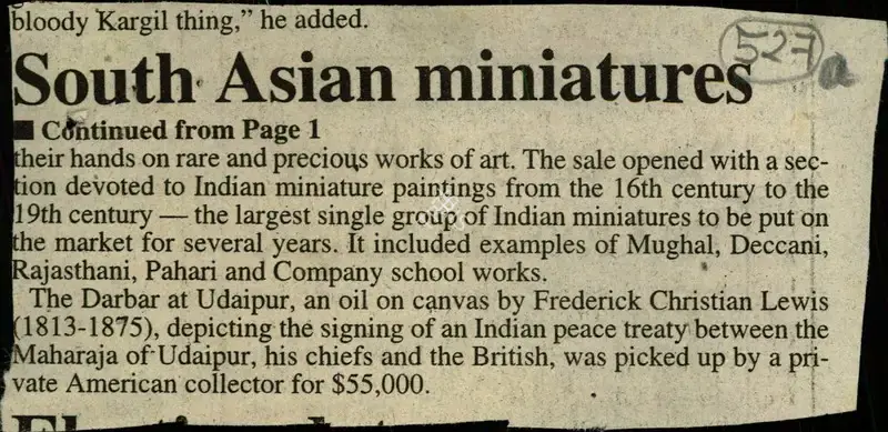 Abhik Sen (Reporter), S. Asian Miniatures Fetch $15m, Newspaper Clipping