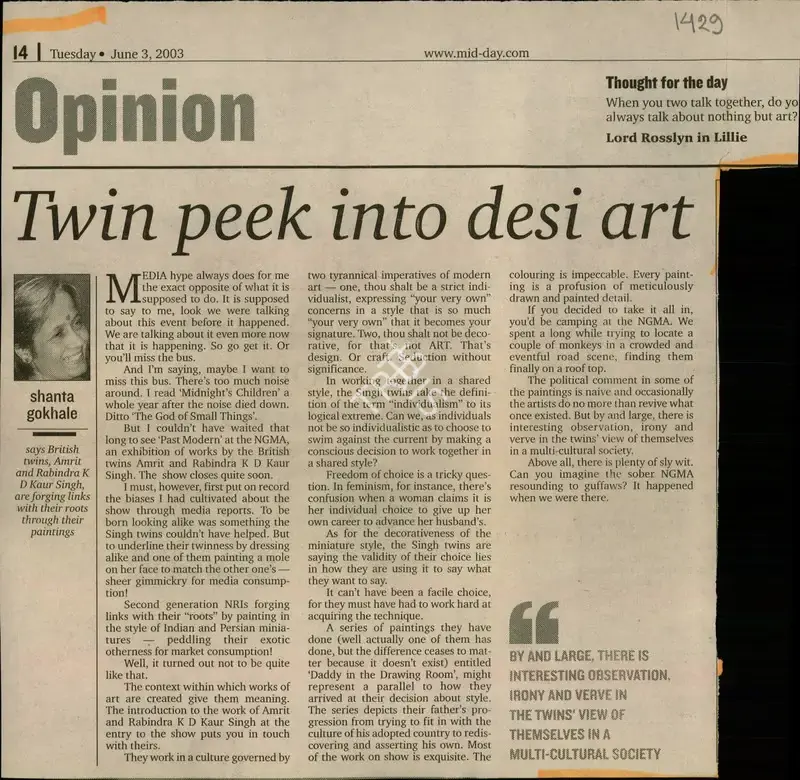 Shanta Gokhale (Reporter), Twin Peek into Desi Art, 2003, Newspaper Clipping