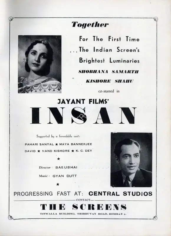 Babubhai Jani (Director), Insaan, 1944, Advertisement