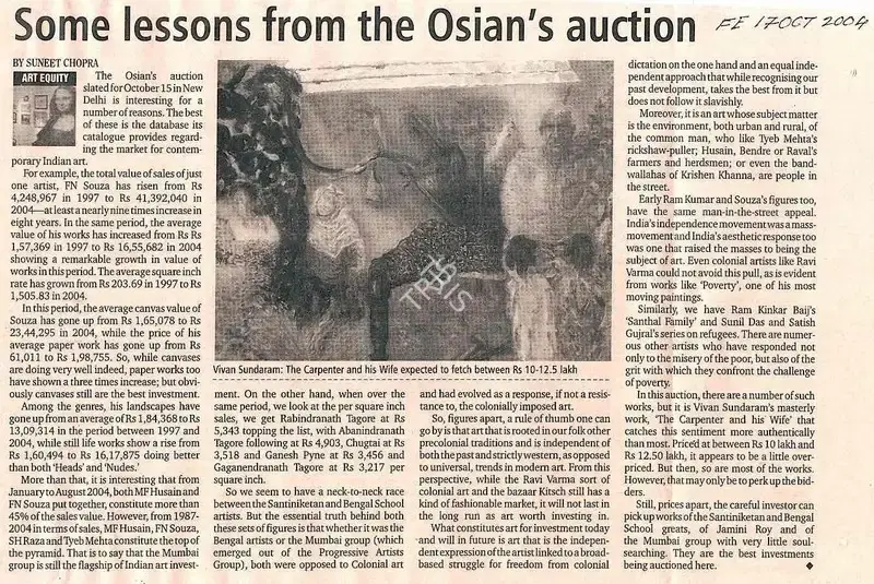 Suneet Chopra (Writer), Some lessons from the Osian's auction, 2004, Newspaper Clipping
