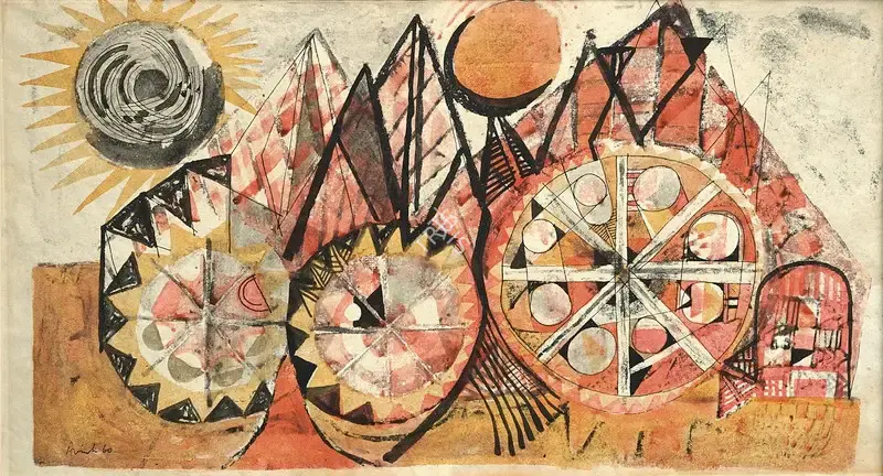 Avinash Chandra (Artist), Three Wheels, 1960, Painting
