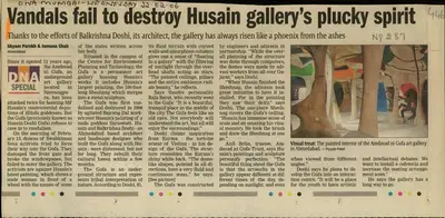Shyam Parekh (Reporter), Vandals Fail to Destroy Husain Gallery's Plucky Spirit, 2006, Newspaper Clipping