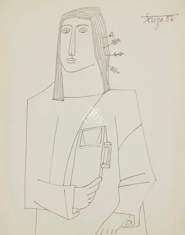 F.N. Souza (Artist), Untitled (Woman with Hairpins and Pitcher), 1956, Drawing