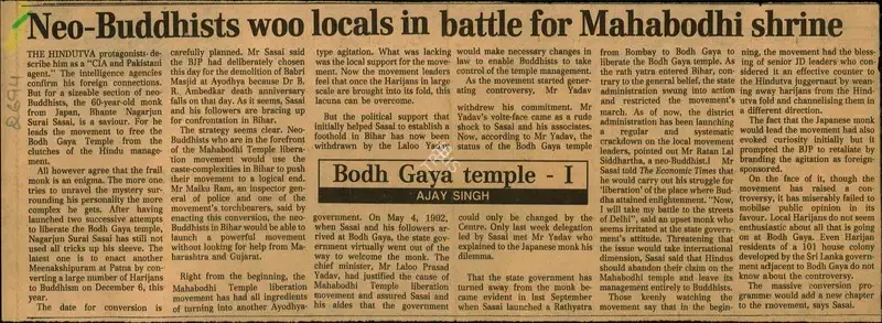 Ajay Singh (Writer), Neo- Buddhists Woo Locals in Battle For Mahabodhi Shrine, 1993, Newspaper Clipping