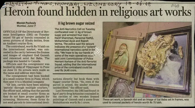 Manish Pachaouly (Reporter), Heroin Found Hidden in Religious Artworks, 2008, Newspaper Clipping