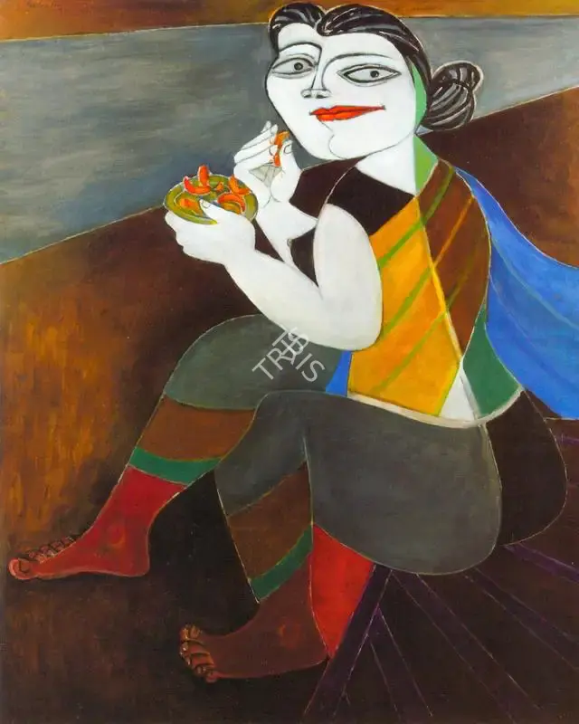Paritosh Sen (Artist), Woman Eating Fried Prawns on River Bank, 1996, Painting