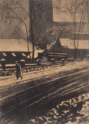 Ramendranath Chakravorty (Artist), London in Winter, 1947, Graphic Art