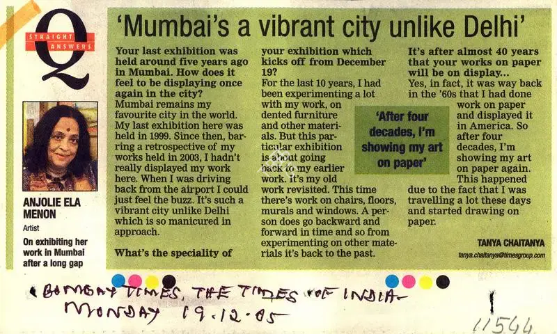 Tanya Chaitanya (Writer), Mumbai's A Vibrant City Unlike Delhi', 2005, Newspaper clipping