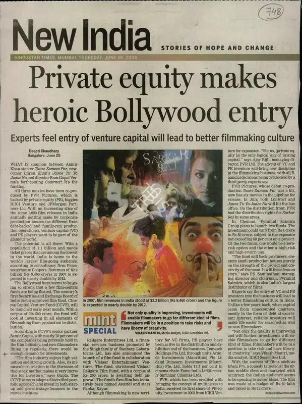 Deepti Chaudhary (Reporter), Private Equity Makes Heroic Bolywood Entry, 2008, Newspaper Clipping