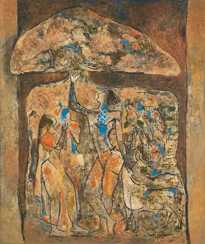 Hebbar, K.K. (Artist). Krishna Lifting Mount Govardhan, 1964 | Painting, Pu.Mum/23.02.23, 2023 · Pundole