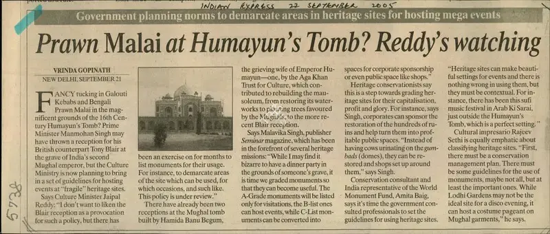 Vrinda Gopinath (Writer), Prawn Malai At Humayun's Tomb? Reddy's Watching, 2005, Newspaper Clipping